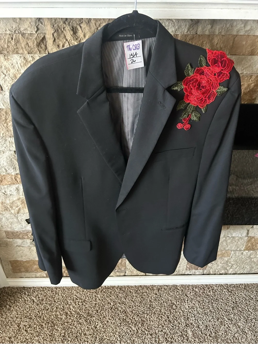 OOAK Calvin Klein Men’s Black Blazer with Red Rose Embroidery